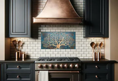 Produktbild von CopperAndCraft Küchenwand Spritzschutz, Kupfer Wandpaneel 100x50 cm, Handgefertigte Fliesen mitt Patina, Design Wandkunst, Ideal für Küchenrückwand