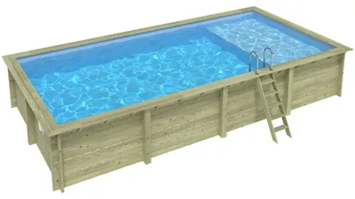 Immagine prodotto di Piscina in legno AQUA 8.5 x 4.35 – H.1.45 m con spiaggia, azzurro chiaro, con supporti fissati al calcestruzzo
