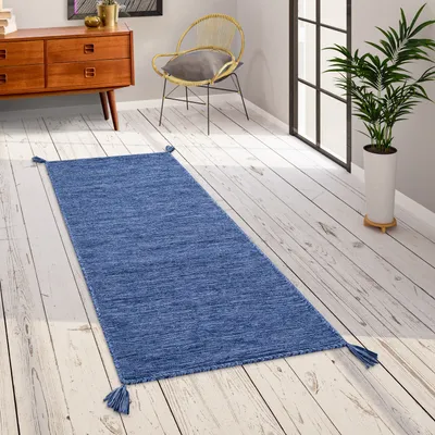 Image de Tapis de salon moderne uni à franges Tapis tissé en coton bleu Dimensions 60 x 110 cm