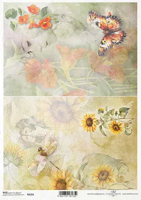 Produktbild von ITD Reispapier Decoupage Bastelpapier Serviettentechnik-R2255 Blumen, Sonnenblumen, Libelle, Schmetterling