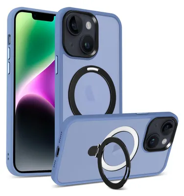 Two blue iPhone cases with a magnetic ring are shown against a white background. One case is upright, showing the back and camera module, while the other is lying on its side, displaying the ring and camera module.