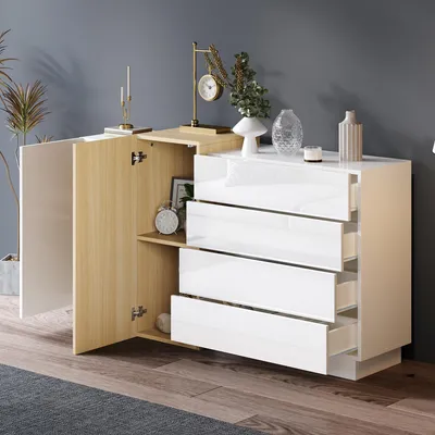 Image de MODFU Buffet Design Blanc avec 4 Tiroirs et 2 Portes - Meuble de Rangement Moderne pour Salon, MDF, 149×37,5×87 cm