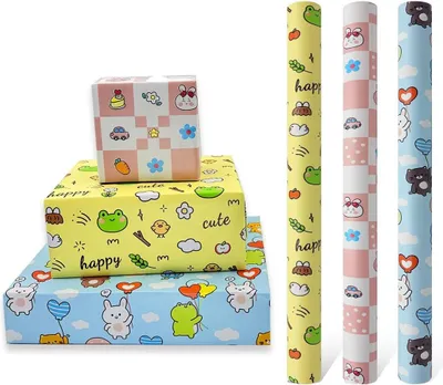 Produktbild von 43 cm x 3 m Geburtstags-Geschenkpapier mit kleinen Tieren – Dekoration für Geburtstags- und Babygeschenke für Jungen und Mädchen – recycelbar