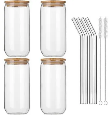 Productafbeelding van Set van 4 drinkglazen van 473 ml, met glazen rietjes en bamboe deksels, transparant