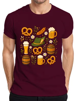 Produktbild von Brezel Bier Fass Trachtenhut Bayern Lederhose Dirndl Herren T-Shirt, Burgundy, L