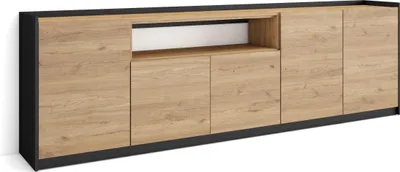 Image de Buffet salon et cuisine, Meuble de Rangement, Commode, 260x37x80cm, 5 Portes, Meuble chaussure, Chêne et noir