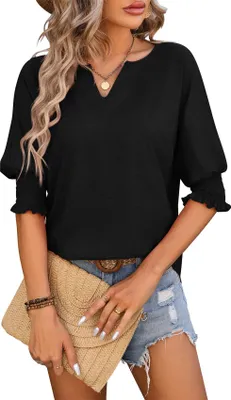 Produktbild von ASKSA Damen T-Shirt V-Ausschnitt 3/4 aermel Bluse Einfarbig Lose Shirts Fruehling Sommer Tunika Basic Tee Tops Oberteile (Schwarz,M)