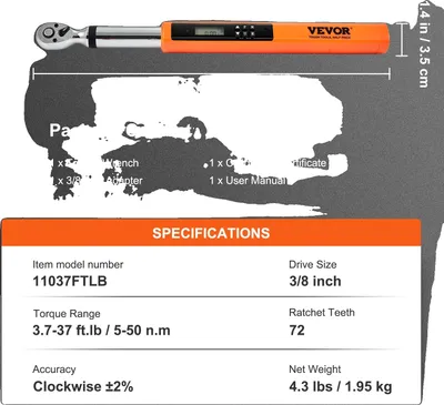 Obrázek produktu pro Digitální momentový klíč Vevor, velikost náhonu 1/2 palce, rozsah krouticího momentu 25-250 ftlb , 3 8 palců 3,7-37 ft-lb