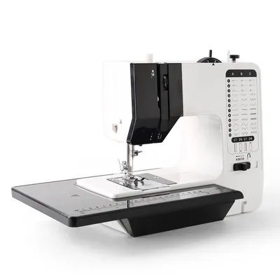 A white and black sewing machine is shown on a white background.