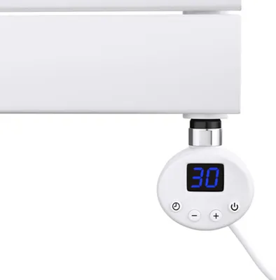 A close-up of a white electric towel rail heating element with a digital display showing '30'.