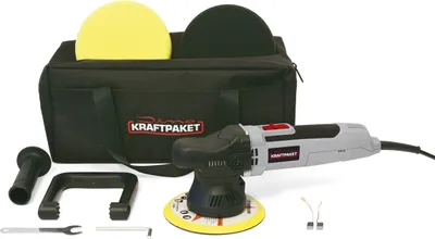 Produktbild von Dino KRAFTPAKET 9mm-650W Exzenter Poliermaschine für Auto Boot KFZ im Set mit Stützteller Polierpads und Tasche, 150mm, Schwarz