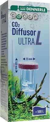 The image shows the packaging of a Dennerle CO2 Diffusor Ultra for aquariums, with a product illustration and descriptive text.