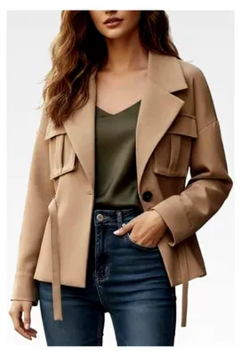 Produktbild von Damen Trenchcoat Kurz Zweireihig mit Gürtel Übergangsjacke Leichtmantel Einfarbig Stehkragen Herbstjacke