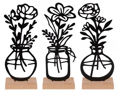Produktbild von UNUS Deko-Aufsteller 3er Set Vase mit Blumen aus Metall mit Bambus-Sockel in schwarz