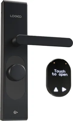 A black smart lock and a separate touch-to-open device are shown against a white background.