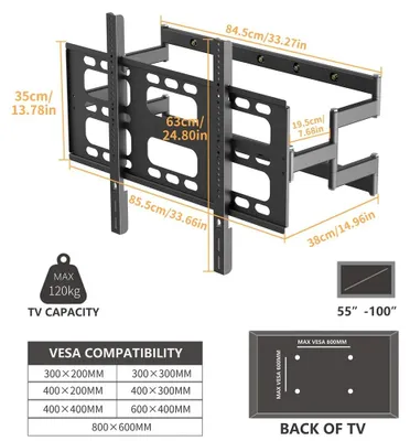Immagine prodotto di Supporto a muro robusto per televisori - Supporto fisso - Per schermi da 55 a 100 pollici - Standard VESA 800x500 mm - Capacità massima di 100 kg - Distanza dal muro di 50 mm - Livella integrata