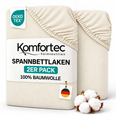 Produktbild von Komfortec 2er Pack Jersey Spannbettlaken 200x200 cm, 100% Baumwolle, Doppelpack Spannbettuch, Ecru