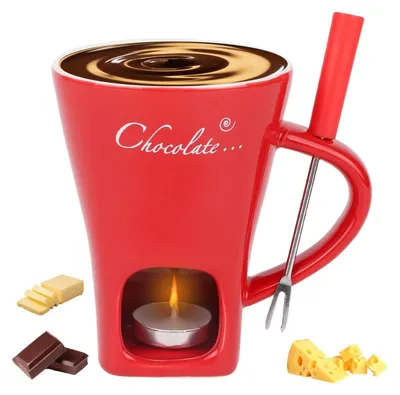 Produktbild von Schokoladenfondue Fondue-Becher Schokofondue - Keramik - Rot - 1 Set mit Gabel und Teelicht