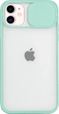 A back view of a turquoise and clear iPhone 13 Mini case with a sliding camera cover.