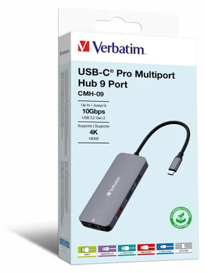 Obrázek produktu pro Verbatim CMH-09, USB typu C, HDMI, RJ-45, USB 3.2 Gen 1 (3.1 Gen 1) Type-A, USB 3.2 Gen 2 (3.1 Gen 2) Type-A, USB 3.2 Gen 2..., MicroSD (TransFlash), SD, 10000 Mbit/s, 60 Hz, Stříbrná