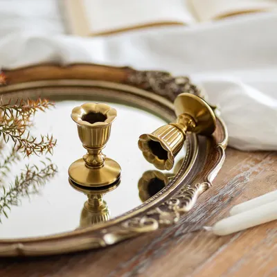 Produktbild von Kerzenhalter, Kerzenständer, Stabkerzen, Messing, Set von 6, kleine Stabkerzenhalter, Gold, für Retro Antik, Tischdekoration, Hochzeit, Wohnzimmer, Weihnachten, Fest, Adventskranz, Dekoration