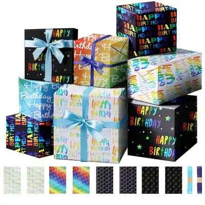 Immagine prodotto di Carta da regalo per compleanno, 8 fogli, 70 x 50 cm, colorata, con 2 nastri