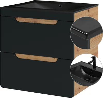 Produktbild von Waschtischunterschrank 61 cm inkl. Keramikbecken schwarz NEW-LUTON in seidenmatt anthrazit mit Wotan Eiche Nb., B/H/T ca. 61/61/46 cm