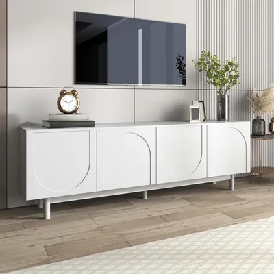 Immagine prodotto di STILVORA Mobile TV Credenza TV bassa con 4 ante strutturate, tavolo TV Mobili TV con divisori regolabili per il soggiorno, lunghezza 175 cm, bianco
