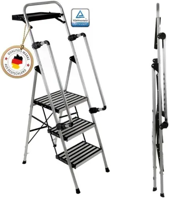 Produktbild von Stahl-Sicherheitsleiter, Trittleiter 3 Stufen, bis 150 kg | klappbare Handläufe, rutschsichere Plattform, robuste Klappleiter, Haushaltsleiter, sicherer Tritt