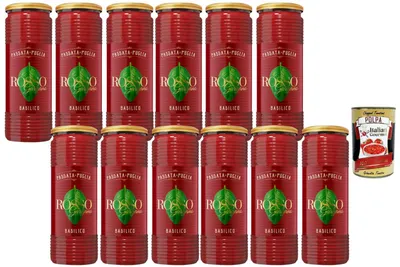 Produktbild von Rosso Gargano Italian Gourmet Rosso Gargano - Tomatenpassata aus Apulien mit Basilikum 12 x 690 g – italienische Tomatensauce 100% aus Italien, feine Passata für Pasta, Pizza & mediterrane + Italian Gourmet Polpa