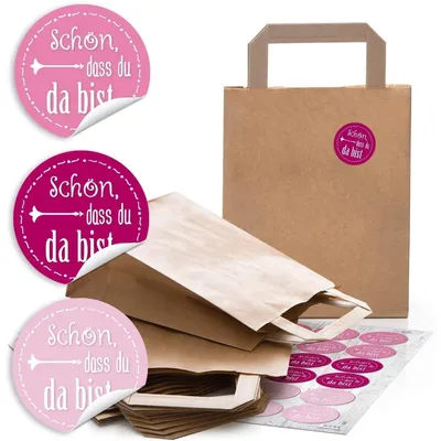 Produktbild von 24 kleine braune Geschenktüte Papier-Tüte SCHÖN DASS DU DA BIST Geschenk Verpackung + 24 Aufkleber Gastgeschenk Mitgebsel Kinder-Geburtstag Hochzeit Fest give-away verpacken"Schön, dass du da bist" rosa, pink, weiß