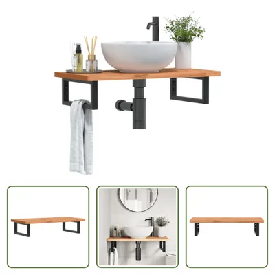 Zdjęcie produktu dla The Living Store Półka pod umywalkę do montażu na ścianie ze stali i litego drewna bukowego