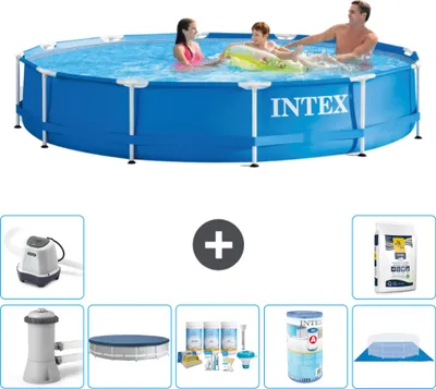 Produktbild von Intex Rundrahmen-Schwimmbecken – 366 x 76 cm – Blau – inklusive Pumpe Abdeckung - Wartungspaket - Filter - Bodenplane - Salzwassersystem - Poolsalz