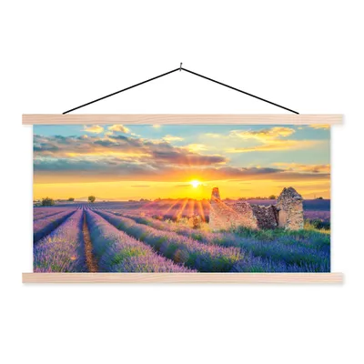 Produktbild von MuchoWow® Textilposter Lavendel - Sonnenuntergang - Ruine - Lila 120x60 cm mit holzfarbenen Rahmen - Klemmleiste