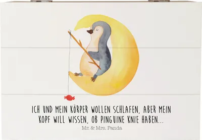 Produktbild von Mr. & Mrs. Panda Kiste Pinguin Mond 22 x 15 cm - Weiß - Geschenk, Spruch, Holzkiste, Schlafzimmer, fotobox, Erinnerungskiste, Neugierig, schatzkiste holz, geschenkkiste