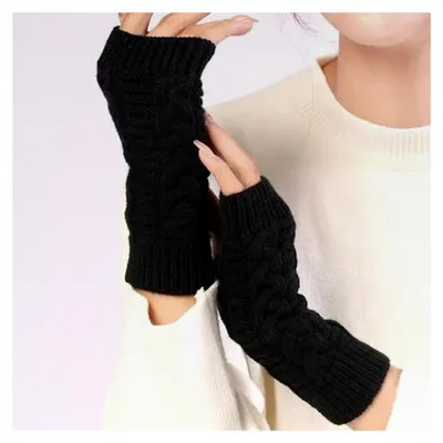 Produktbild von 2 Paar Handstulpen, Pulswärmer für Damen, fingerlose Handschuhe, Armwärmer, weiche gestrickte Handschuhe mit Daumenloch (Schwarz+Weiß)