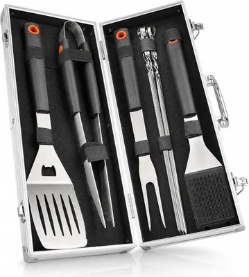 Produktbild von Grillset – Schwarz – 43 cm – Edelstahl, in einer Metallkofferverpackung – Für Herren