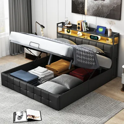 Immagine prodotto di UnboxG letto imbottito 160x200cm letto contenitore con LED, USB e prese di corrente letto matrimoniale letto a molle con rete a doghe e contenitore, letto funzionale letto per ragazzi, PU, nero