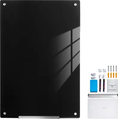 Produktbild von SucceBuy 36"x24" magnetisches Glas-Whiteboard, trocken abwischbares rahmenloses Board, Wandmontage, mit Stiftablage, Radiergummi und 2 Stiften, schwarz