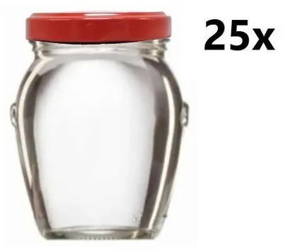 A clear glass jar with a red lid, shown in isolation against a white background. The number '25x' is displayed in the upper right corner.