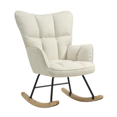 Produktbild von Weiß Schaukelstuhl Schaukelsessel Leinen Relaxsessel Relaxstuhl Stillsessel Schwingsessel Lesesessel Wohnzimmersessel mit Metallgestell