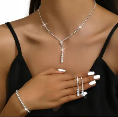 Image de Ensemble boucles d'oreilles, collier et bracelet de mariage en argent avec zircons, pour femme, B18
