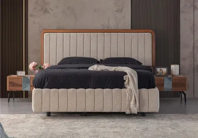 Zdjęcie produktu dla Stilvolle Schlafzimmer Möbel Luxuriöser Polsterbett Holz Nachttische