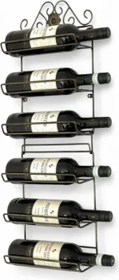 A wall-mounted wine rack holding six bottles of wine.