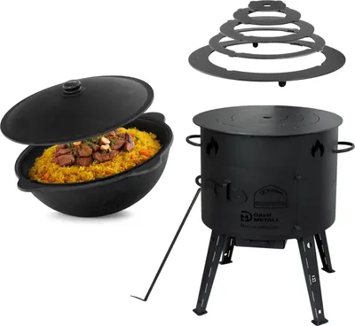 Produktbild von Ø49cm Uchag 2mm Stahl 22L Kazan Gusseisen mit Adapter-Ringe Kasan Utschag Utschak Feldküche Feuerstelle Campingofen Außenküche Eintopfofen