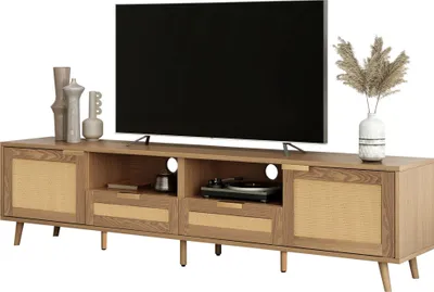 Produktbild von TV-Konsolentisch TV-Schrank 200x37x49cm mit echtem Rattan Design Geflochtener Fernsehschrank Rattan-TV-Boards mit massiven Holzfüßen
