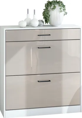 Produktbild von Vladon Schuhschrank Schuhkipper Elvas 89 x 95,5 x 27 cm,  Germany, Korpus in Weiß matt, Front in Sandgrau Hochglanz | Große Farbauswahl