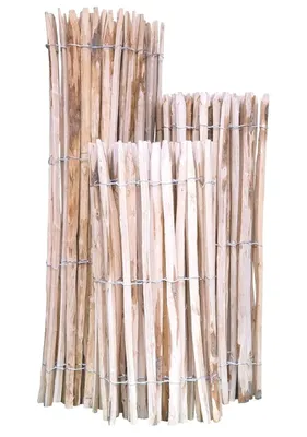 Three wooden fences of varying heights are arranged together against a white background.