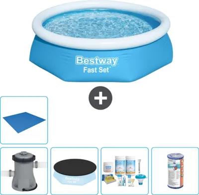 Produktbild von Bestway runder aufblasbarer Fast-Set-Schwimmpool – 244 x 61 cm – Blau – inklusive Pumpe Abdeckung - Wartungspaket - Filter - Bodenplane
