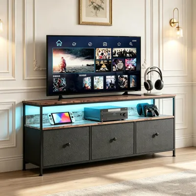 Obrázok produktu pre Komoda INONEFT s LED osvetlením a zásuvkami z látky, komoda s kovovým rámom, zásuvková komoda, čierna, 137x29,8x57 cm
